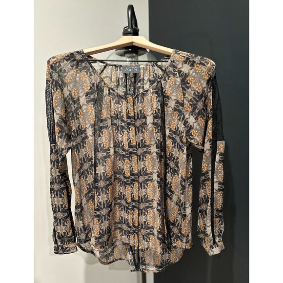 ASTR Printed Sheer Lace Long Sleeve Blouse - Picture 1 of 7